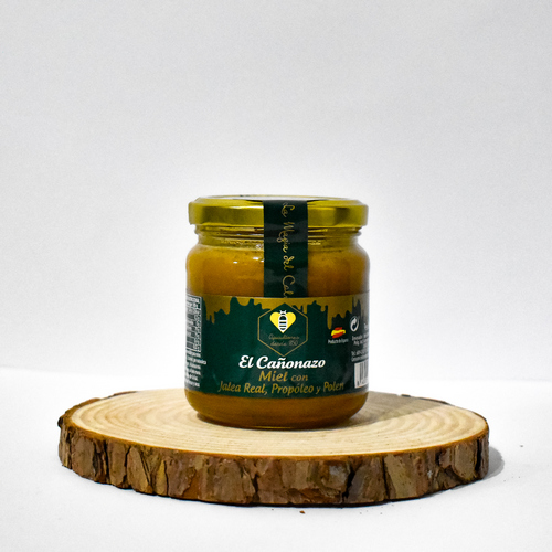 Tarro de miel con jalea real, propóleo y polen